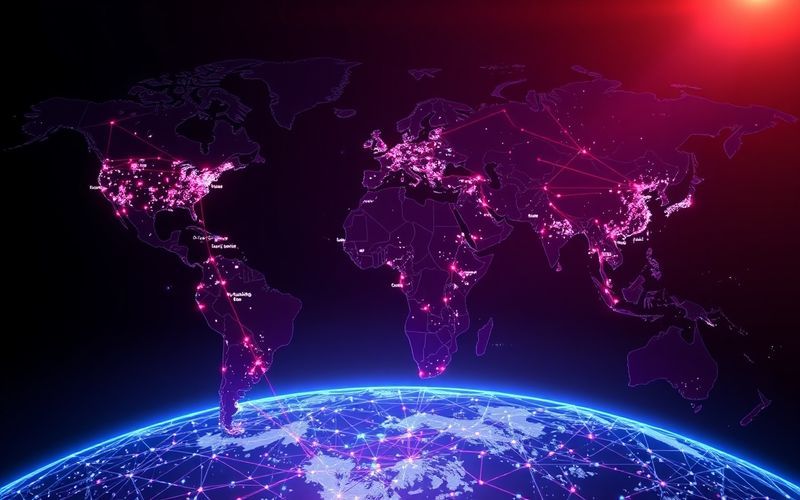 Dark abstract cityscape with violet data streams