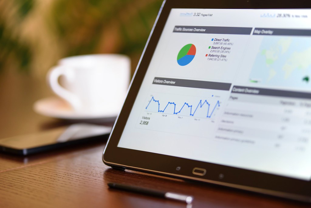 Nahaufnahme eines Tablets auf einem Holzschreibtisch mit einem Analytics-Dashboard — Tortendiagramm der Traffic-Quellen und Besucherverlauf, im unscharfen Hintergrund Kaffeetasse und Smartphone