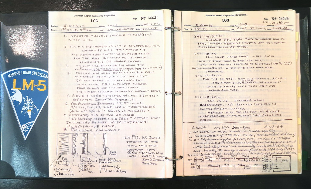 Open three-ring binder of numbered, dated engineering log pages, filled with handwritten technical notes and diagrams from each shift's entries